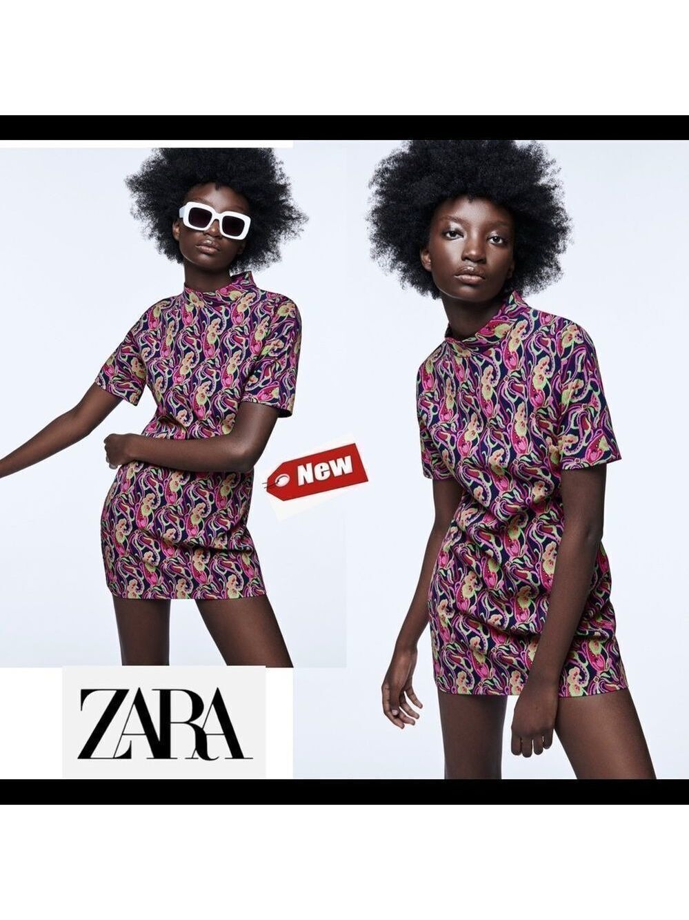 ZARA pink printed multicoloured high collar short sleeve mini dress size S NWT